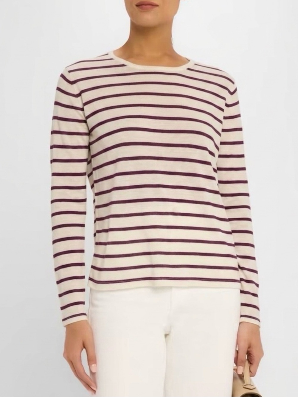 Majestic Filatures Striped 100% Cashmere Sweater in Cream/Aubergine - Size 1/XS